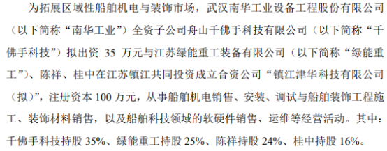 开云体育 开云平台南华工业全资子公司千佛手科技拟出资35万成立合资公司镇江津华科技有限 持股35%